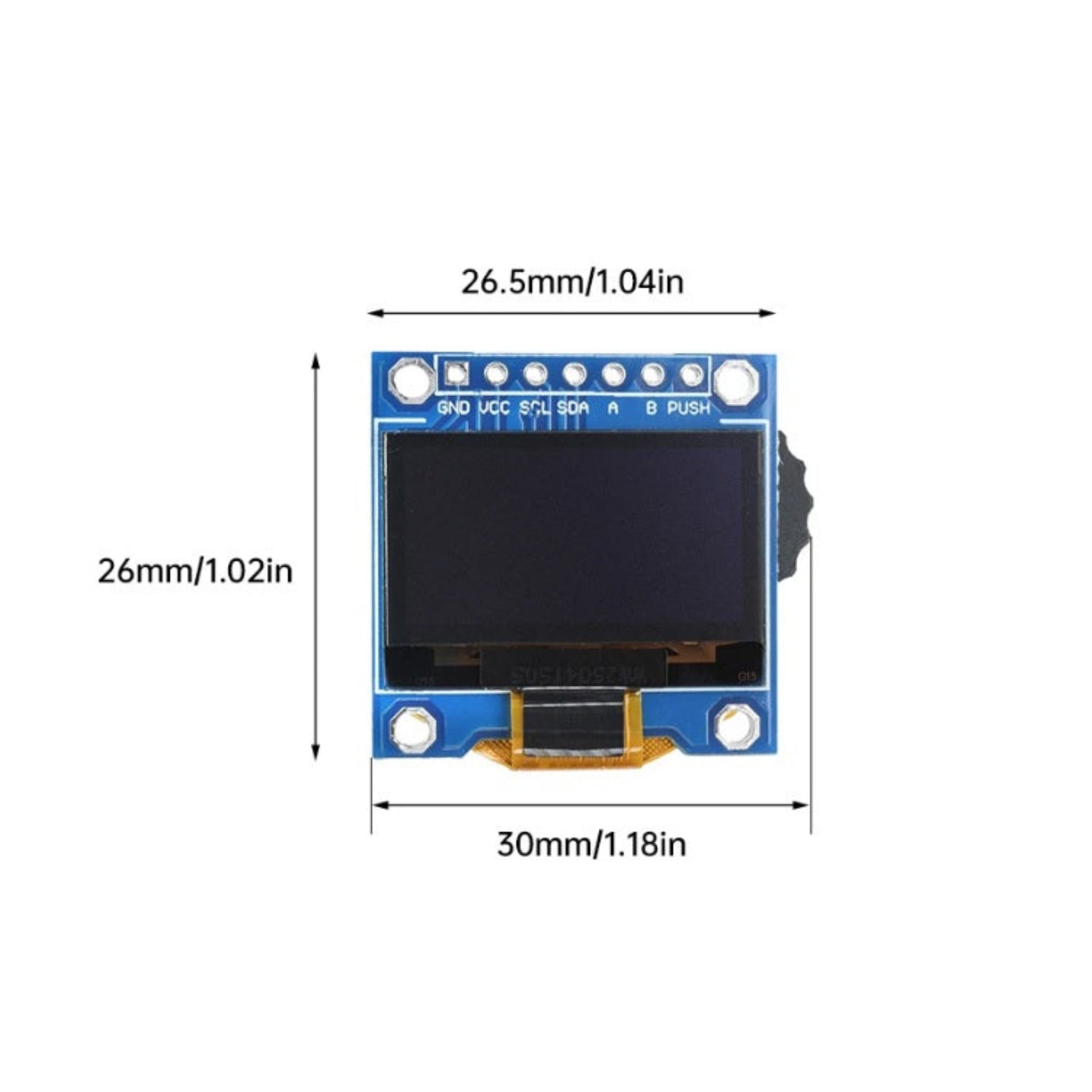 Dimensional drawing of the OLED rotary encoder module showing 26.5mm width and 30mm height.