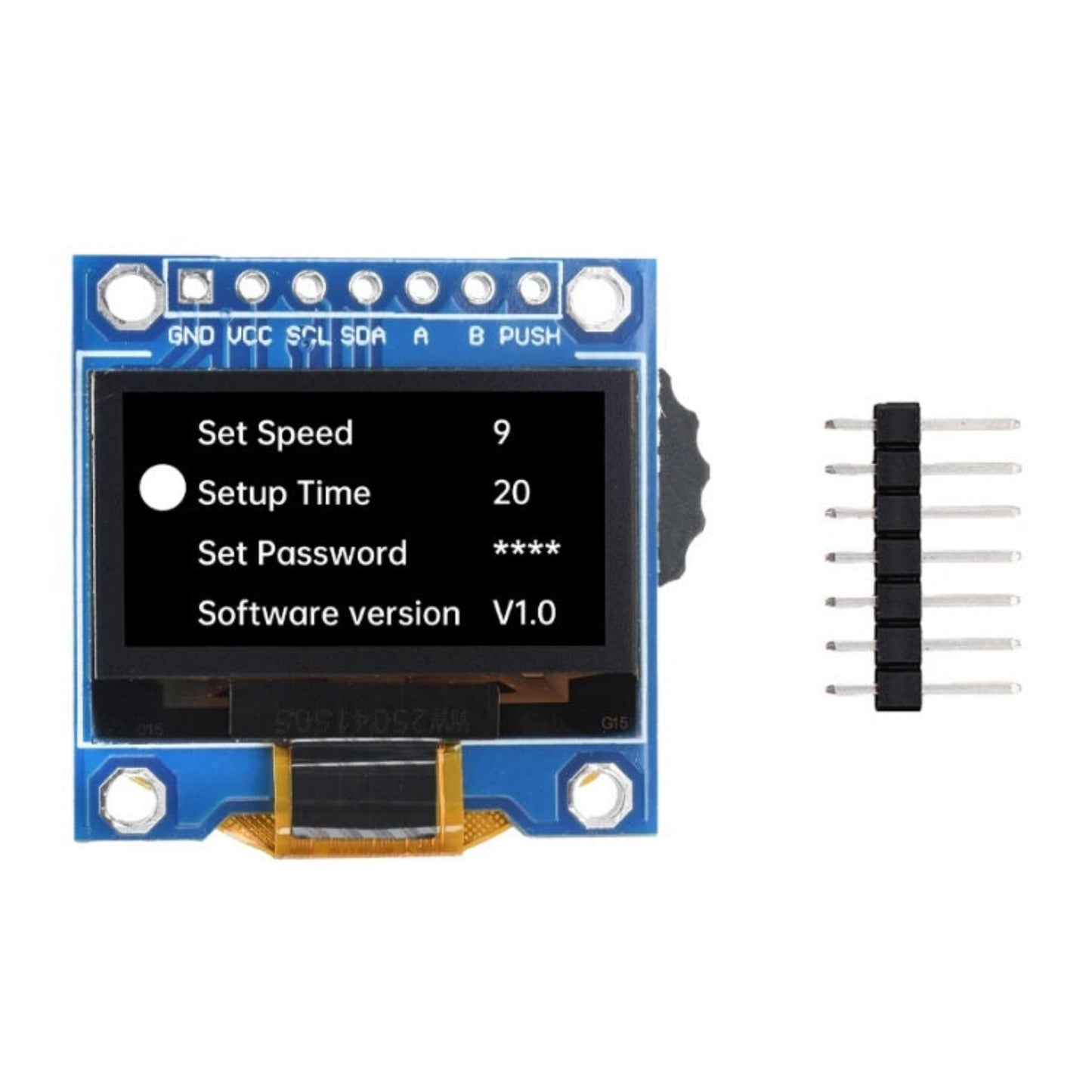 Front view of 0.96 inch OLED display module integrated with rotary encoder and included header pins.
