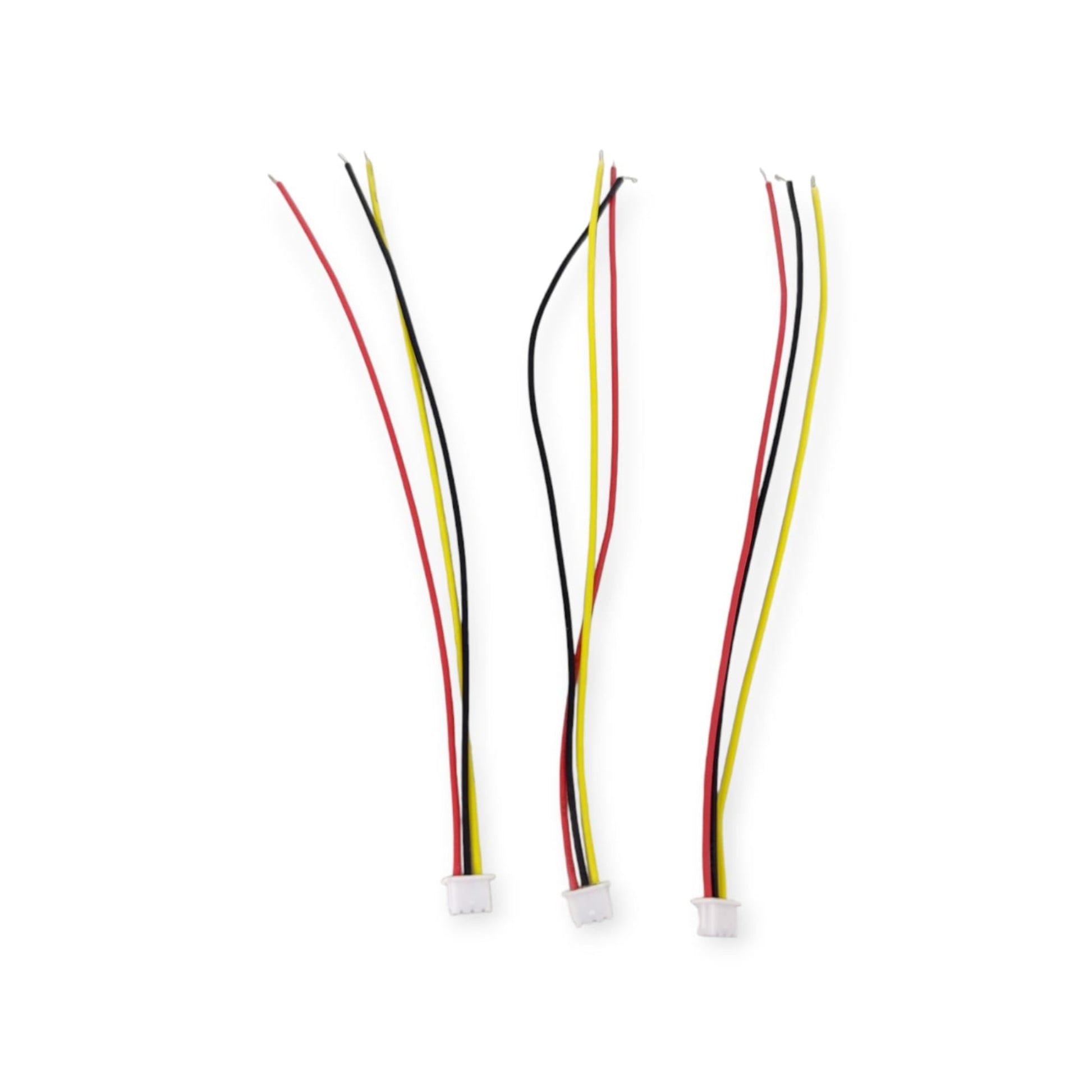 Three 1.25mm 3-pin JST connector pigtail wires with red, black, and yellow leads on a white background.