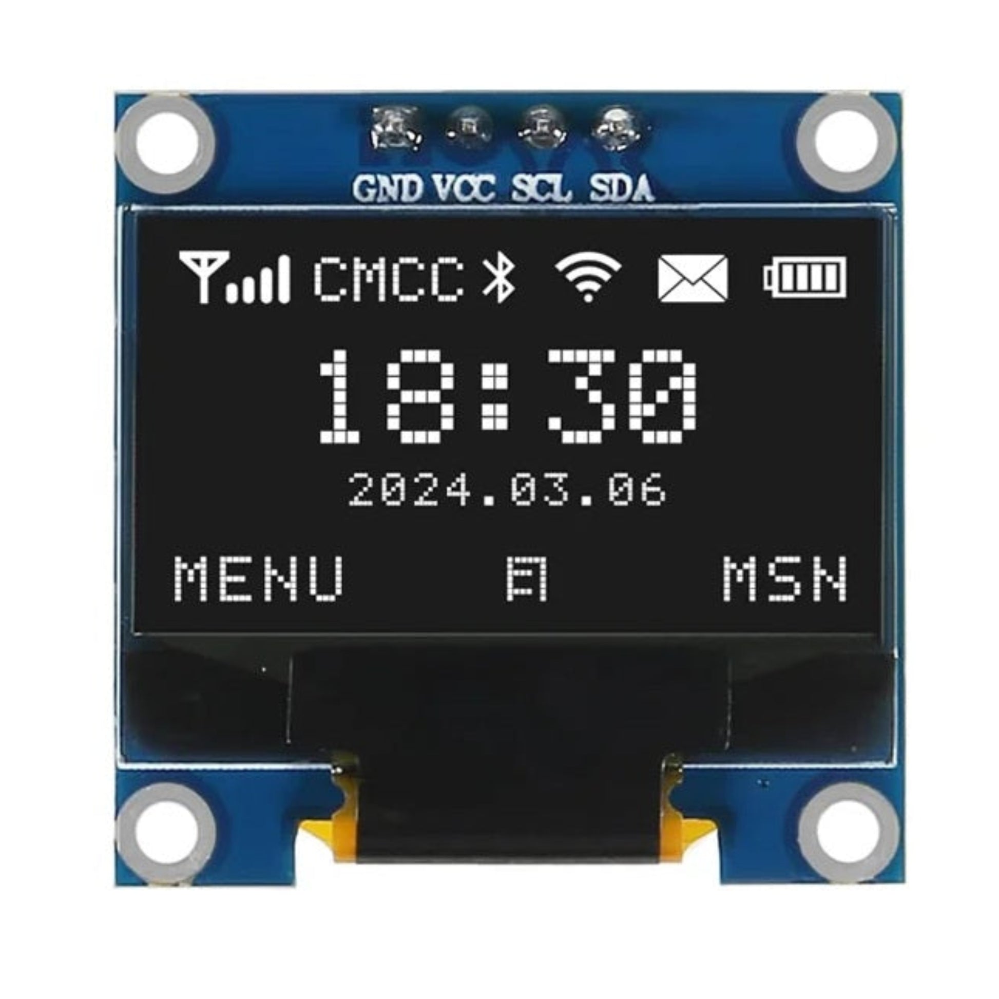 1.3 inch OLED screen displaying crisp white text on black background.