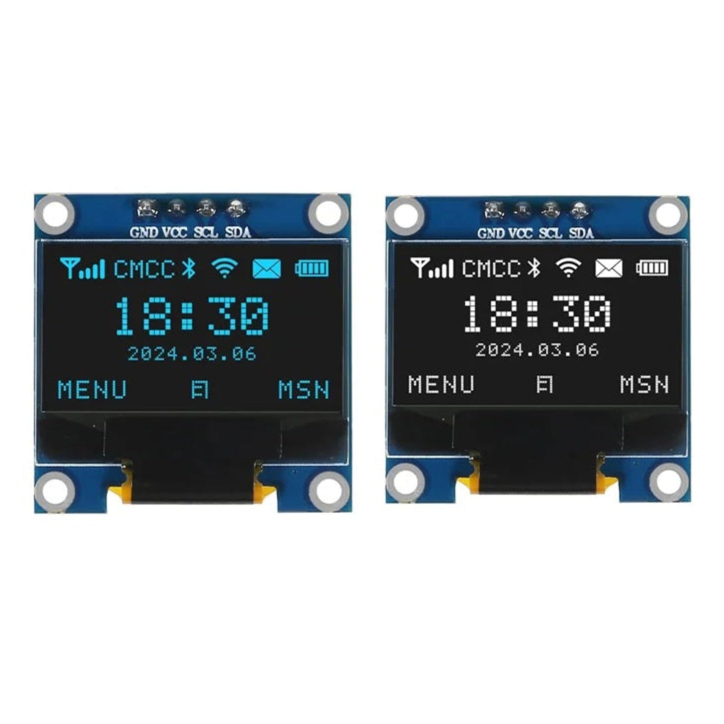 Side by side comparison of 1.3 inch OLED I2C modules in blue and white text options.