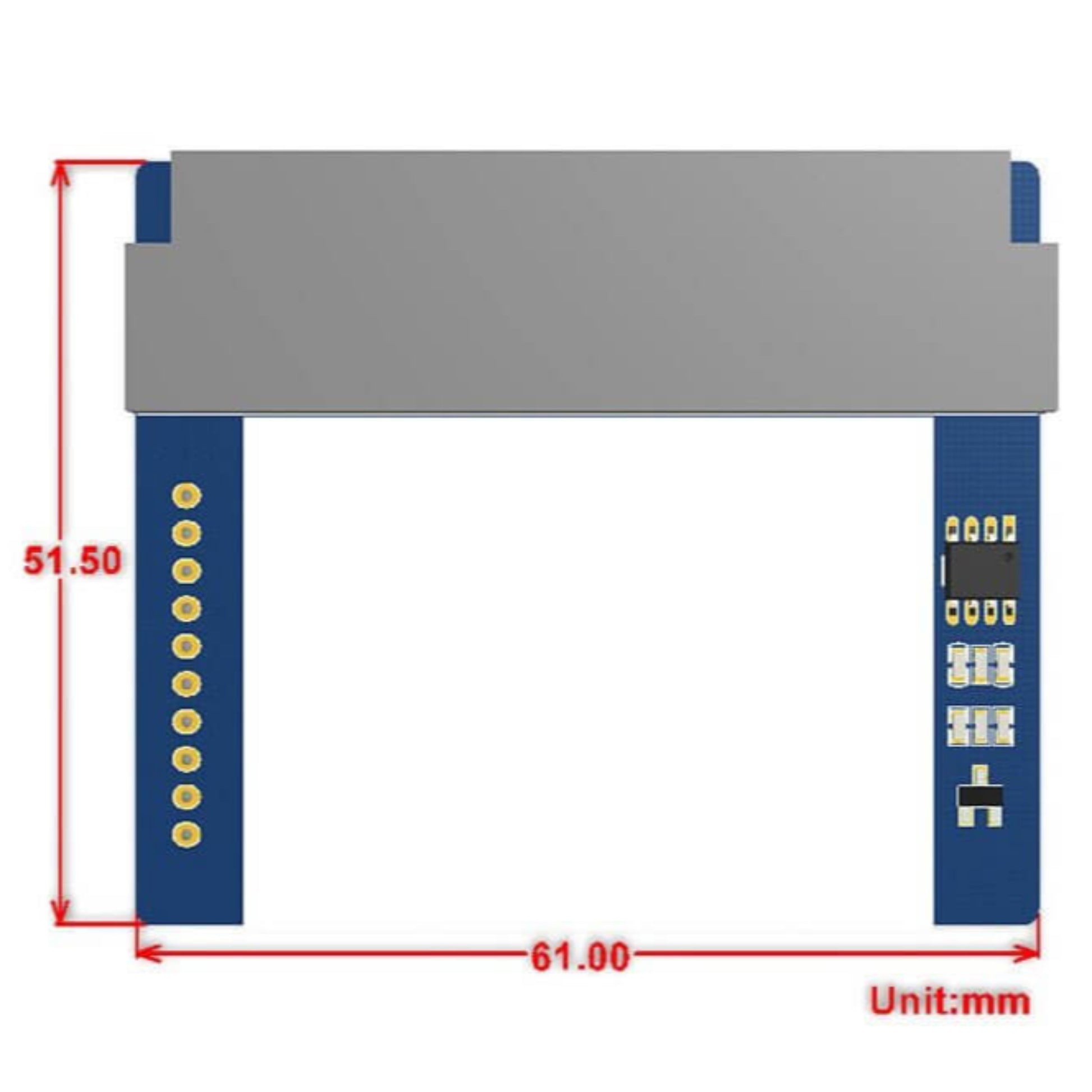 1.8-inch display module for micro:bit with detailed dimensions shown in mm, highlighting connector pins and layout.