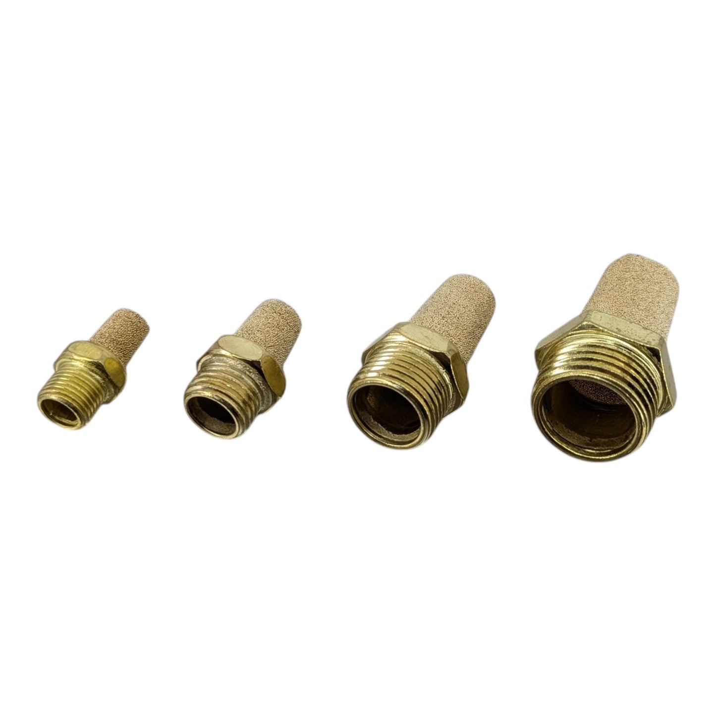 Close-up of the 1/8 inch pneumatic silencer, highlighting the porous sintered bronze filtering element and brass hex base.