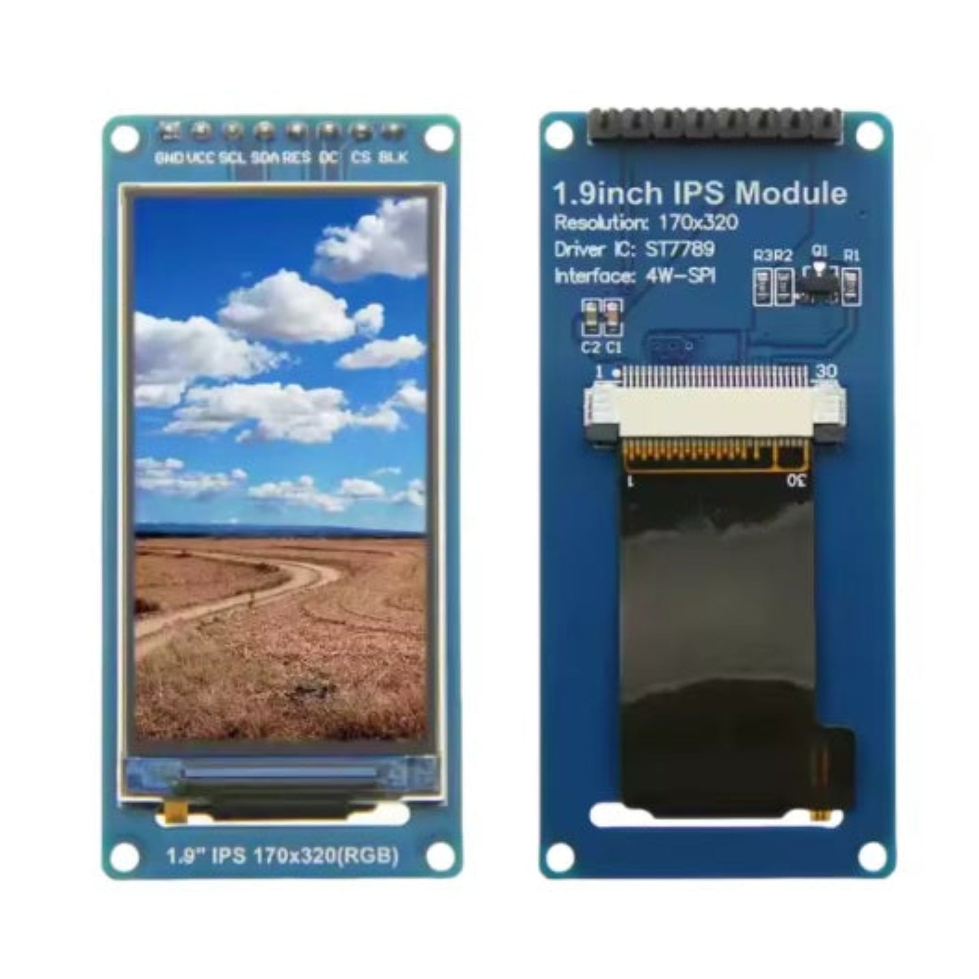 1.9 inch IPS TFT LCD display module front and back with ST7789 driver.
