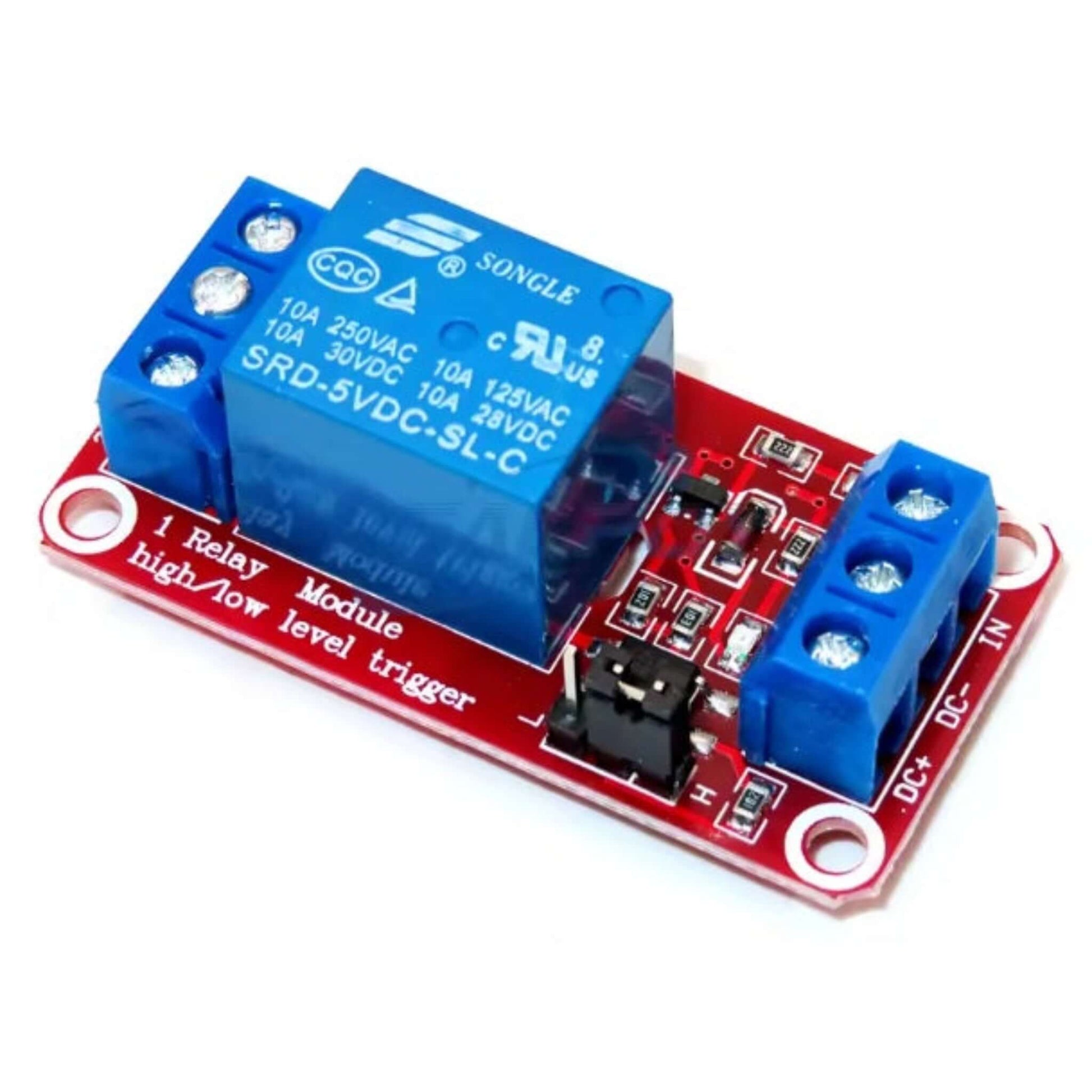A red 1-channel relay module with a blue Songle relay, showing the high/low level trigger jumper and screw terminals for input and output.