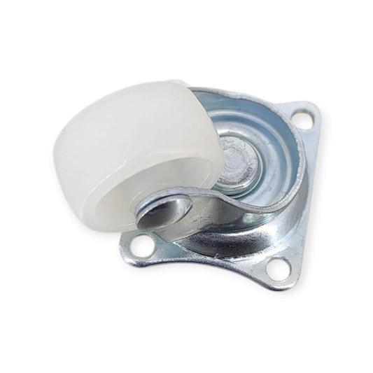 Angled top-down view of a 1-inch swivel caster with a white wheel and 4-hole plate.
