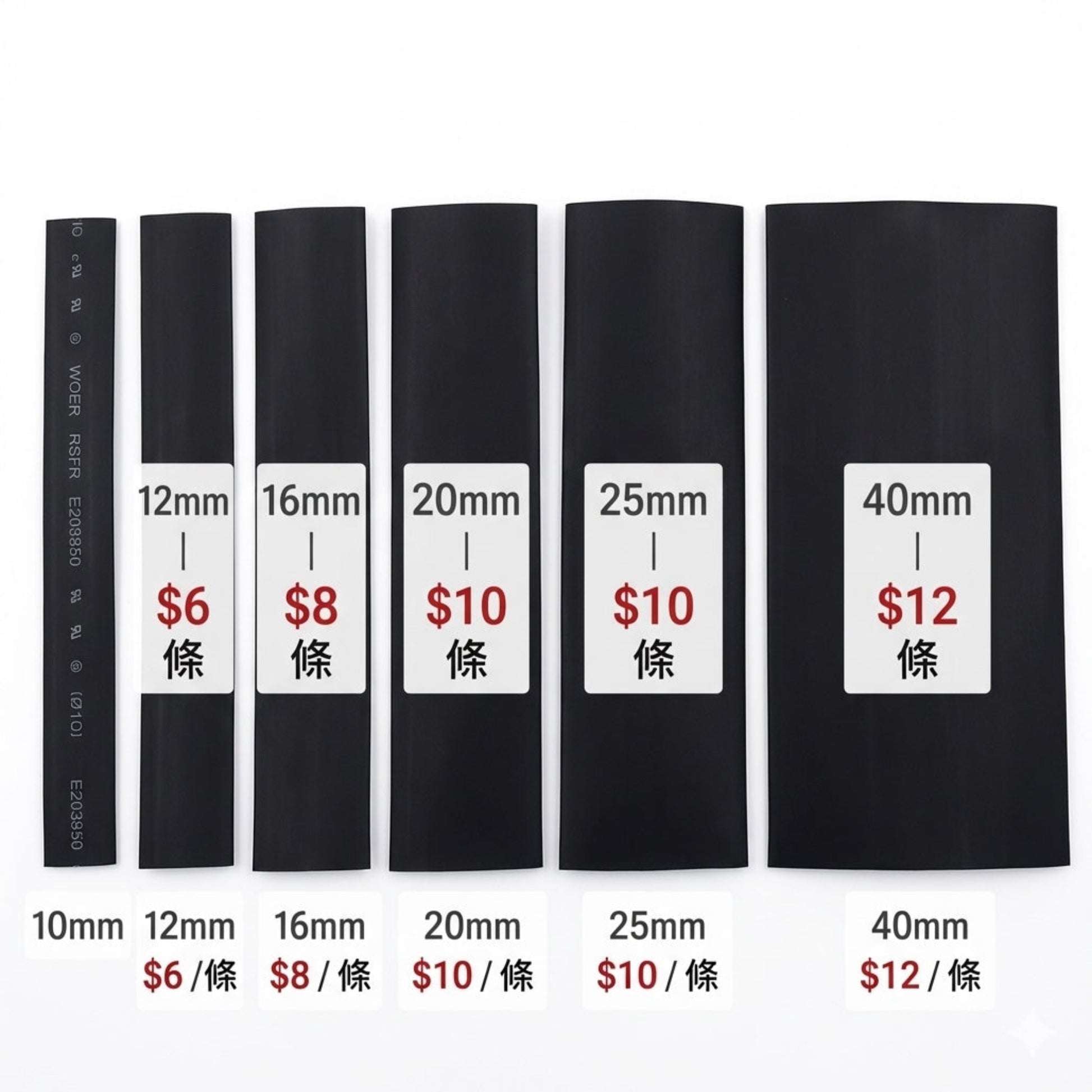 1米多規格厚身絕緣熱縮管，涵蓋10mm至40mm直徑，適用於線材維修與電力絕緣，黑色加厚材質。