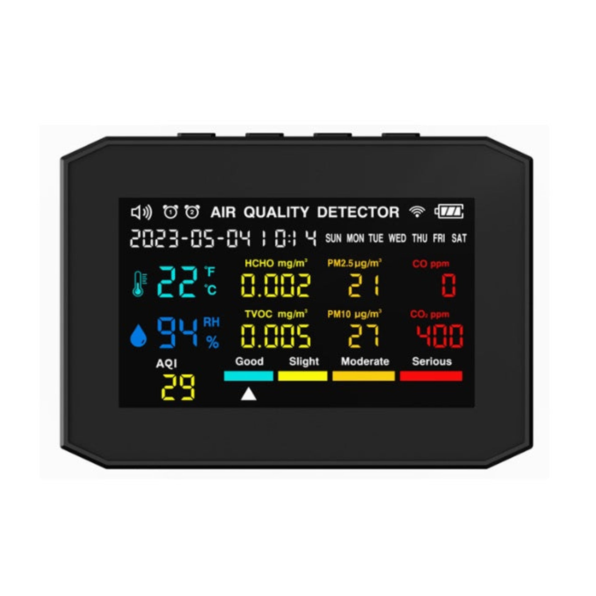 10-in-1 Air Quality Monitor displaying CO2 and Formaldehyde levels on LCD screen.