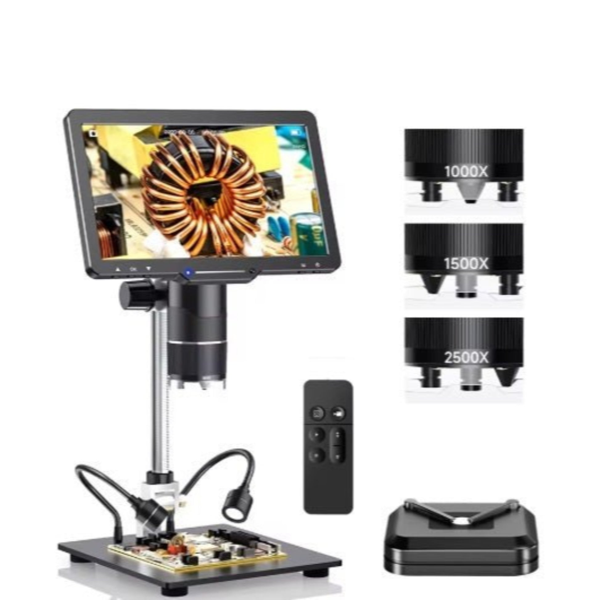 10.1" HDMI digital microscope with 3 interchangeable lenses and LED lights for detailed observation.