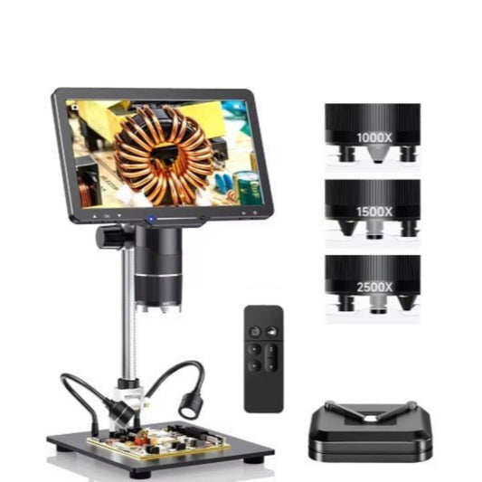 10.1" HDMI digital microscope with 3 interchangeable lenses and LED lights for detailed observation.