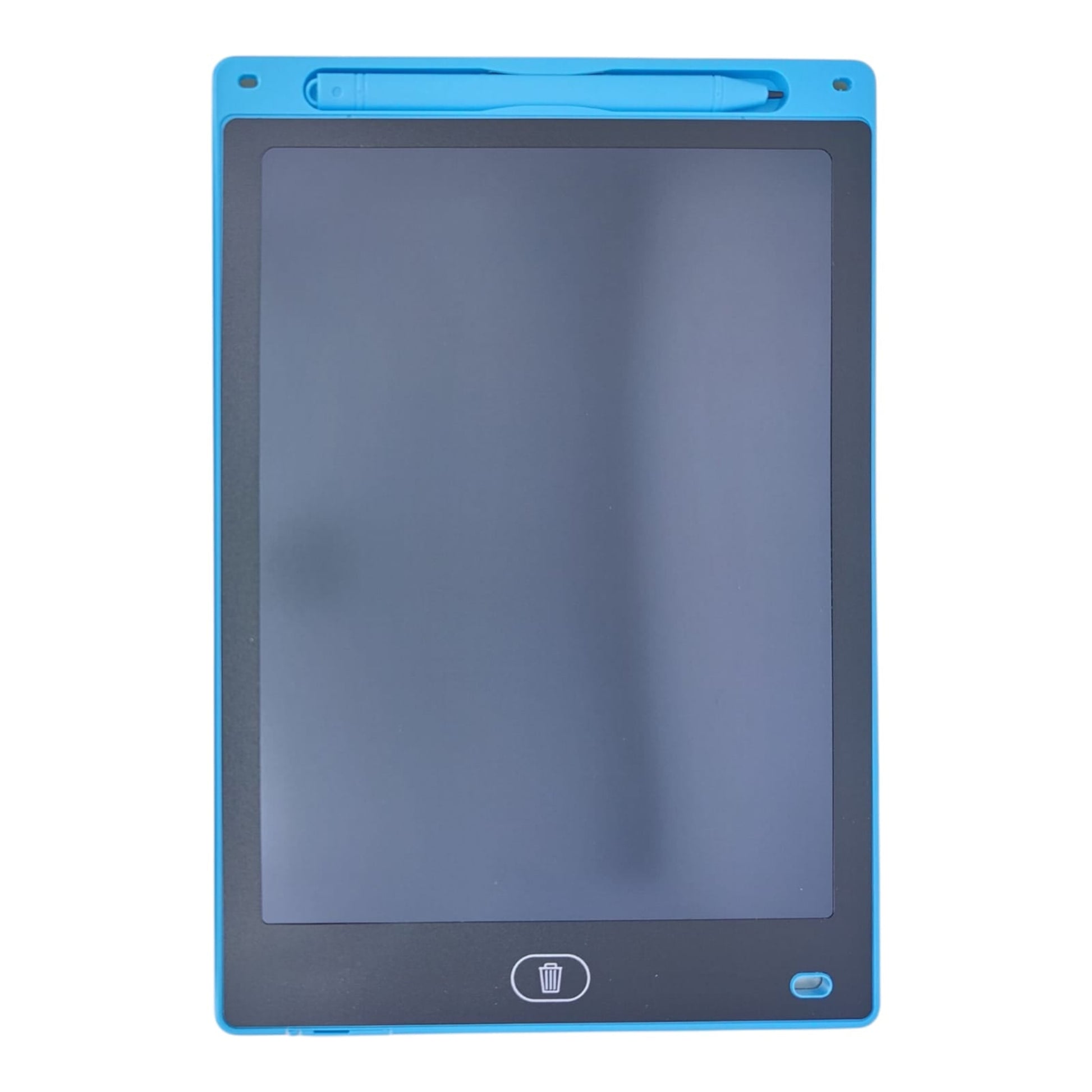 A front view of the blue 10-inch LCD writing tablet with a blank screen, trash button, and stylus holder.