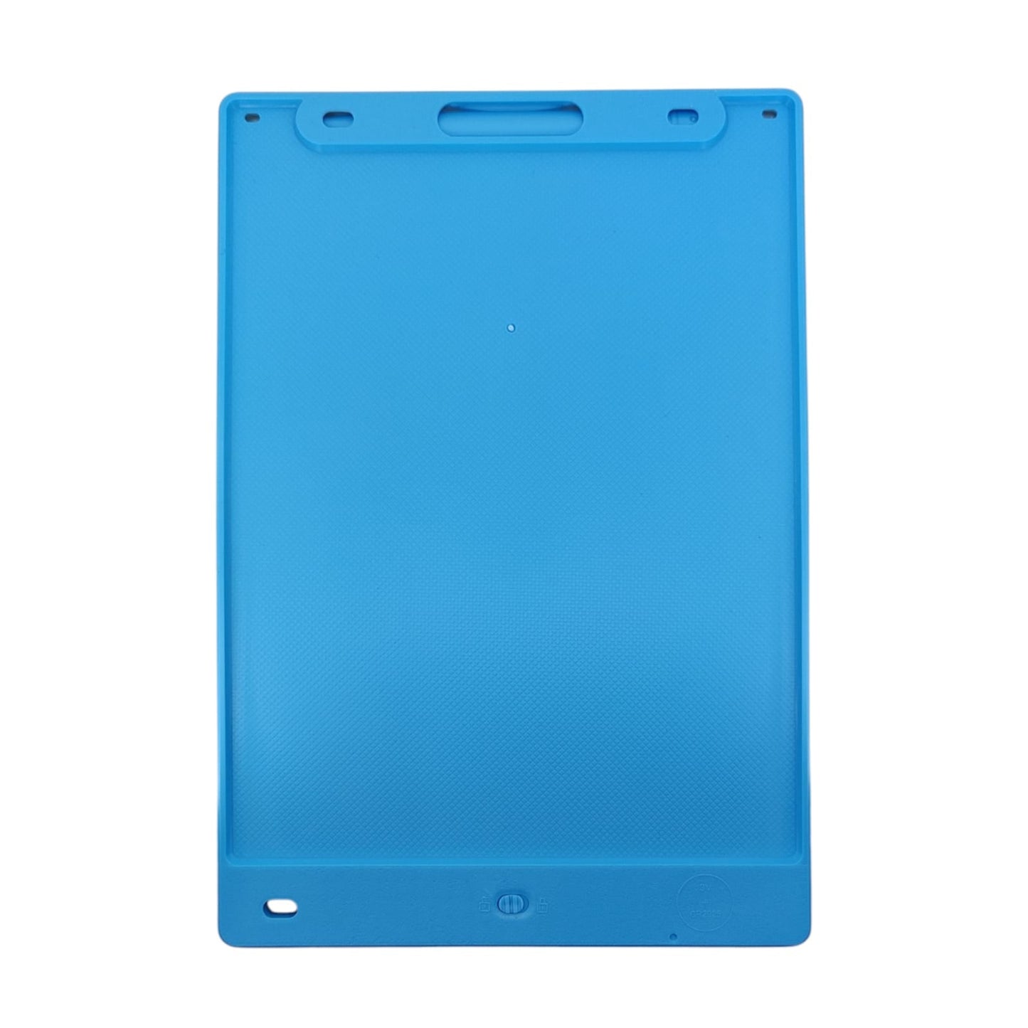 The back of the blue 10-inch LCD writing tablet, showing the texture and the erase lock switch.