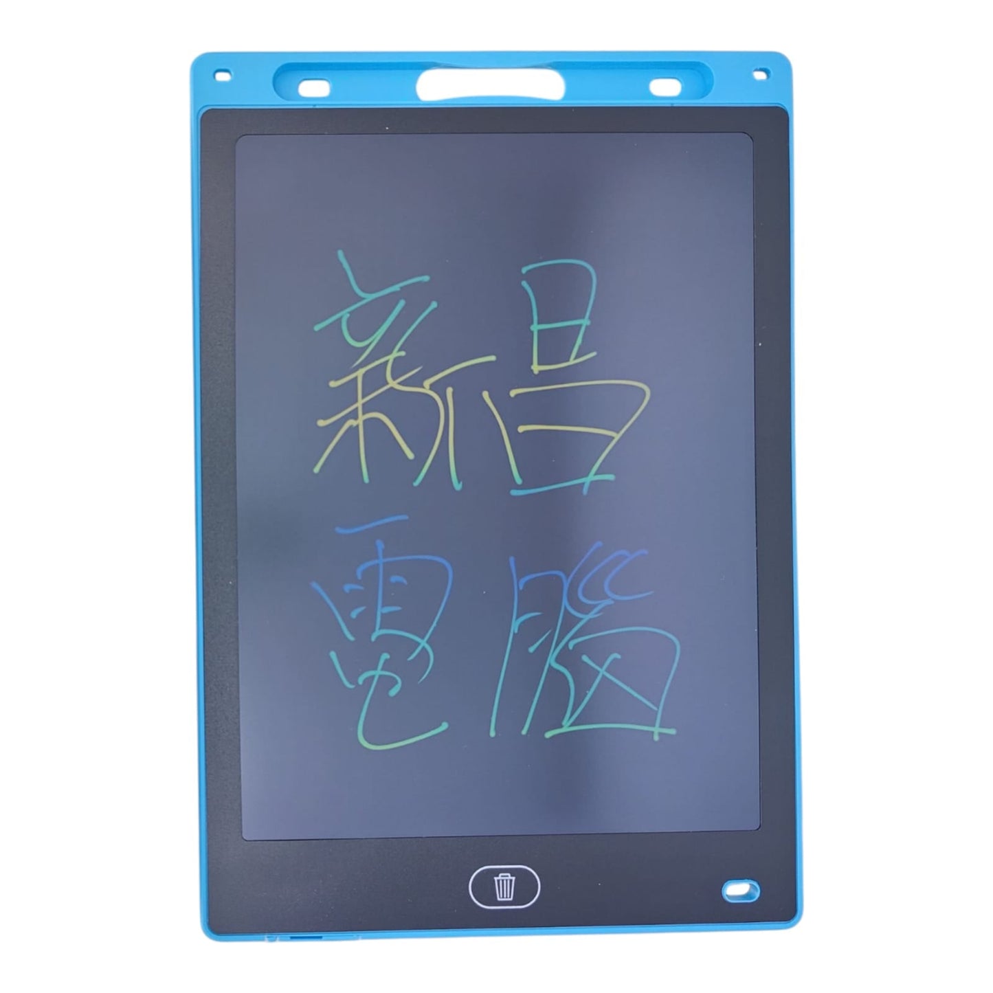 A blue 10-inch LCD writing tablet displaying Chinese characters "新昌電腦" in multicolor text.