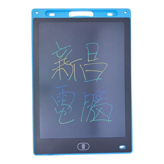 A blue 10-inch LCD writing tablet displaying Chinese characters "新昌電腦" in multicolor text.