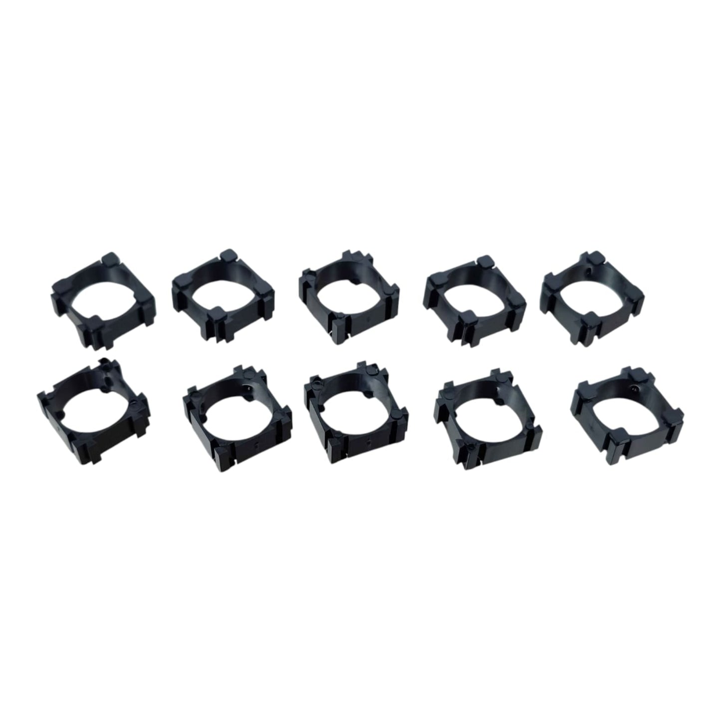 A 10-pack of black plastic 18650 battery holder brackets, arranged in two rows of five.