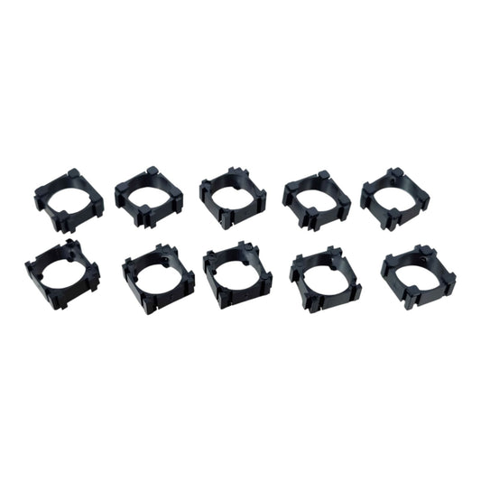 A 10-pack of black plastic 18650 battery holder brackets, arranged in two rows of five.