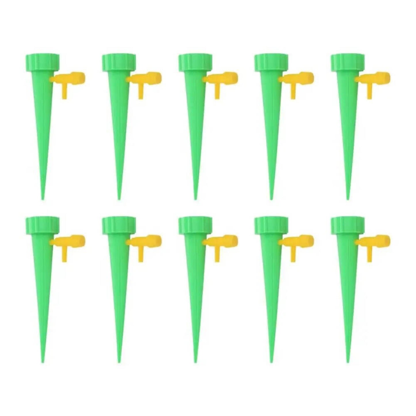 10pcs green automatic drip self watering spikes for flower plants, adjustable water drippers for easy irrigation.