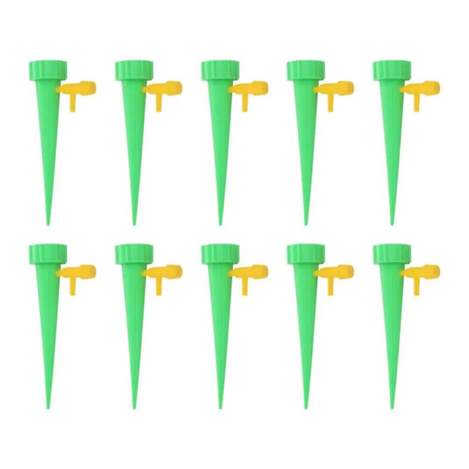 10pcs green automatic drip self watering spikes for flower plants, adjustable water drippers for easy irrigation.