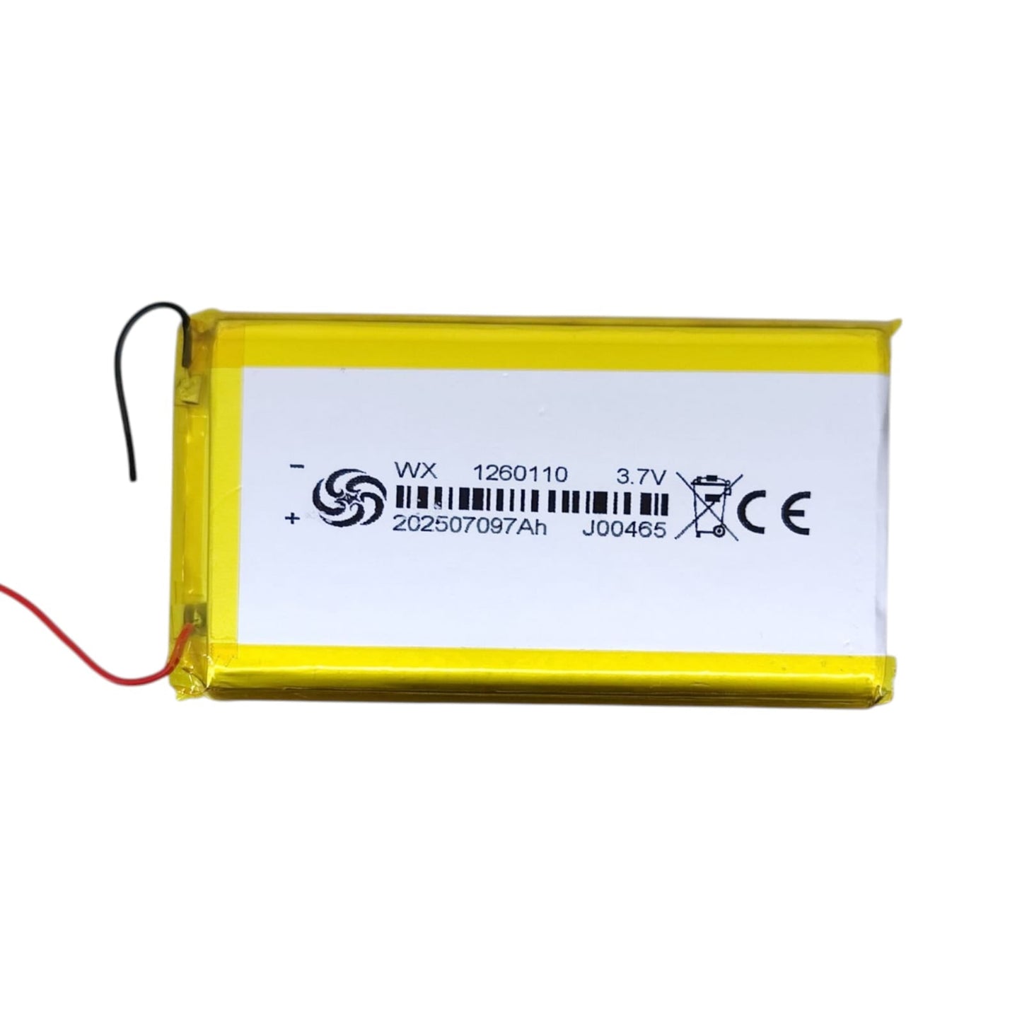 Top down view of rechargeable LiPo battery cell showing label specs.