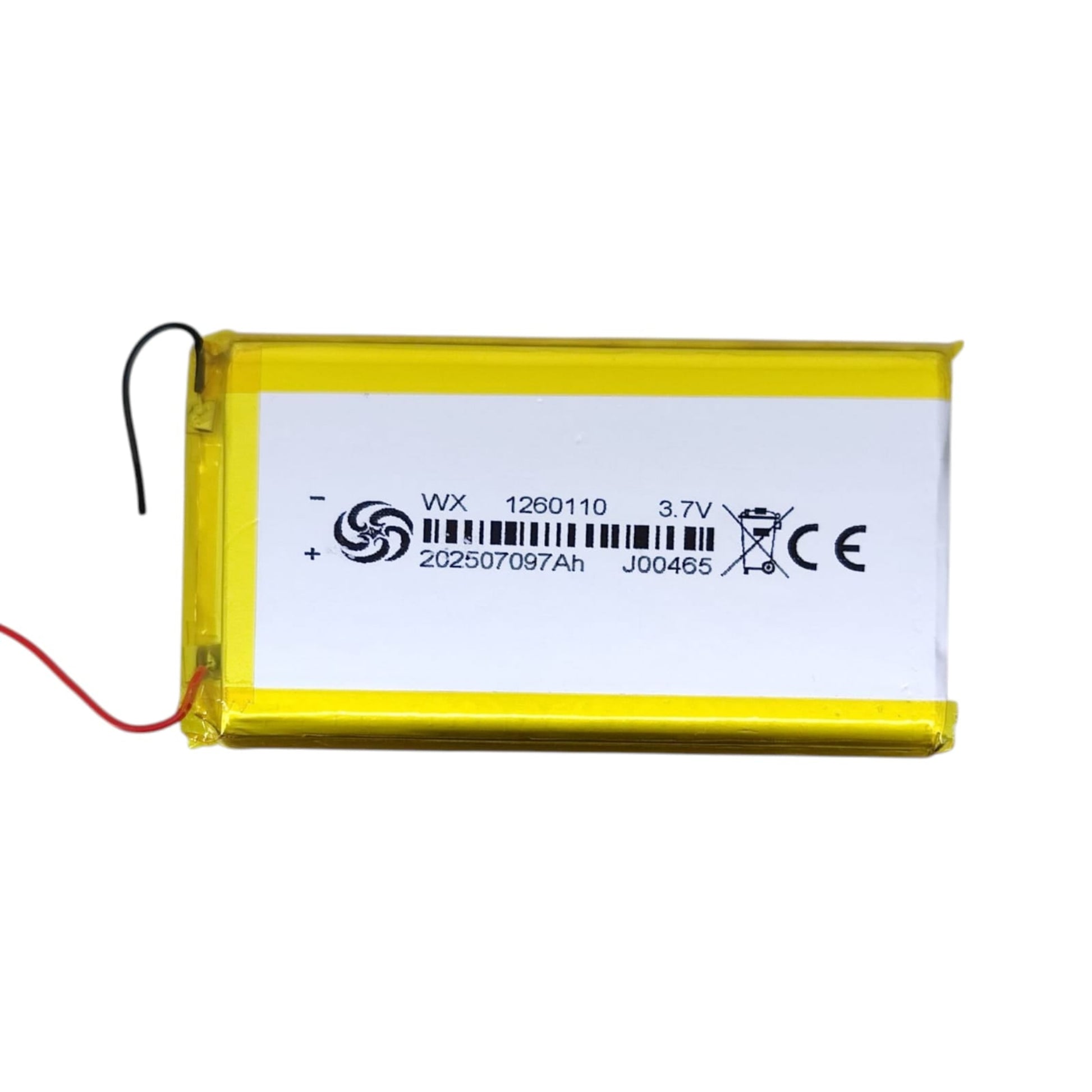 Top down view of rechargeable LiPo battery cell showing label specs.
