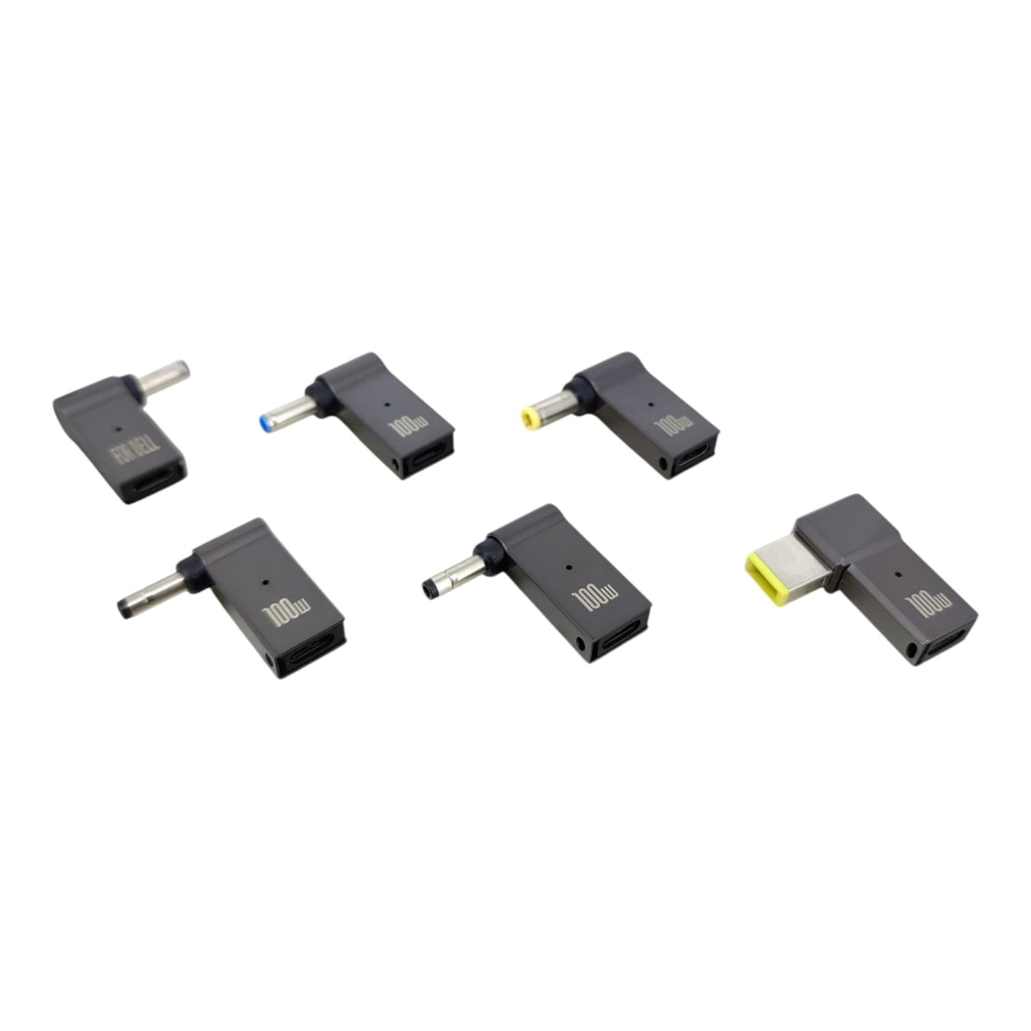 100W USB-C PD to DC 90-degree adapter tips set for Dell, HP, and Lenovo laptops. Includes Square, 7.4mm, and 4.0mm tips.