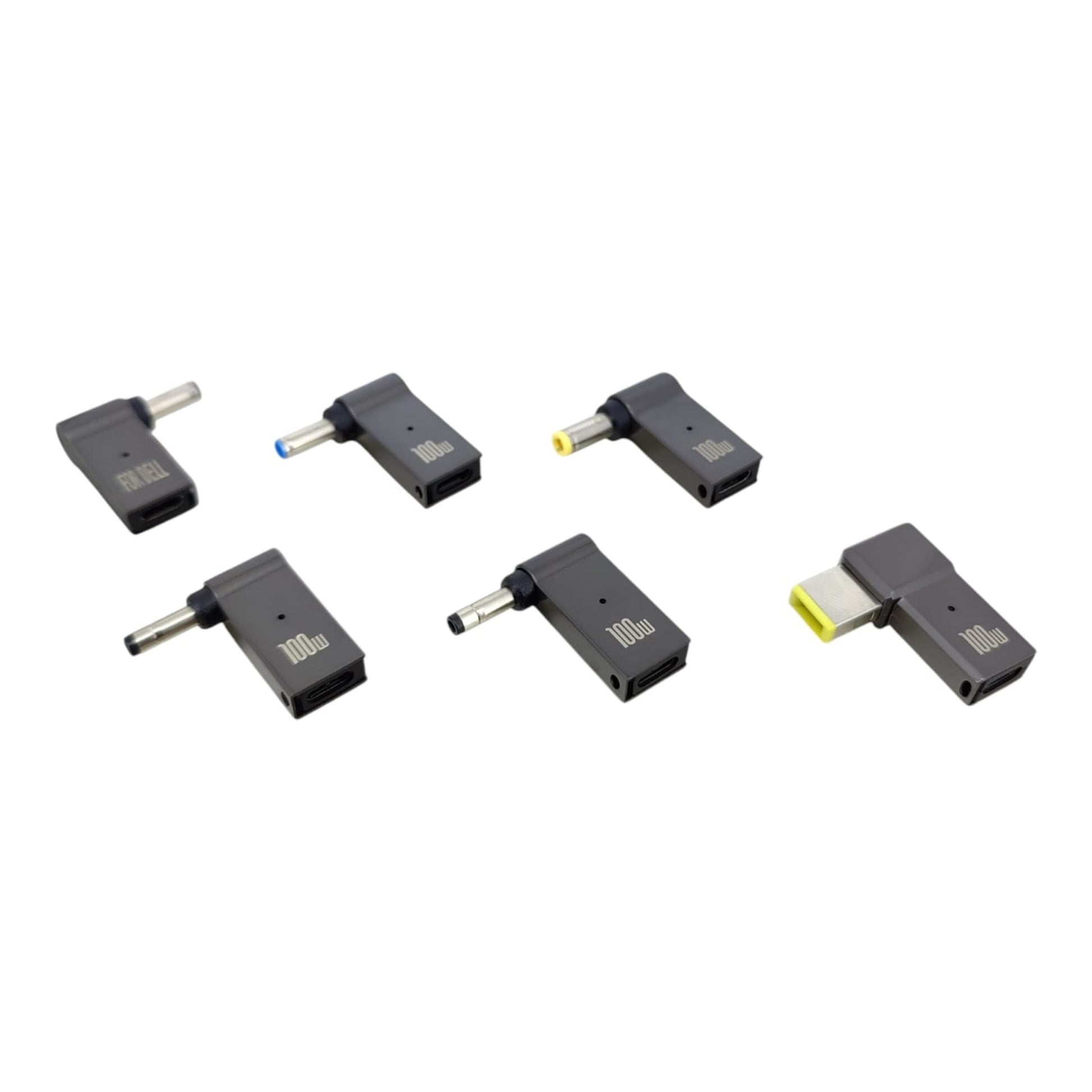100W USB-C PD to DC 90-degree adapter tips set for Dell, HP, and Lenovo laptops. Includes Square, 7.4mm, and 4.0mm tips.