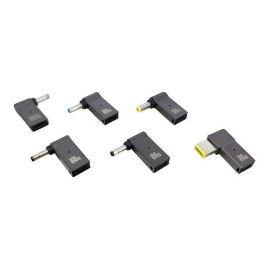 100W USB-C PD to DC 90-degree adapter tips set for Dell, HP, and Lenovo laptops. Includes Square, 7.4mm, and 4.0mm tips.