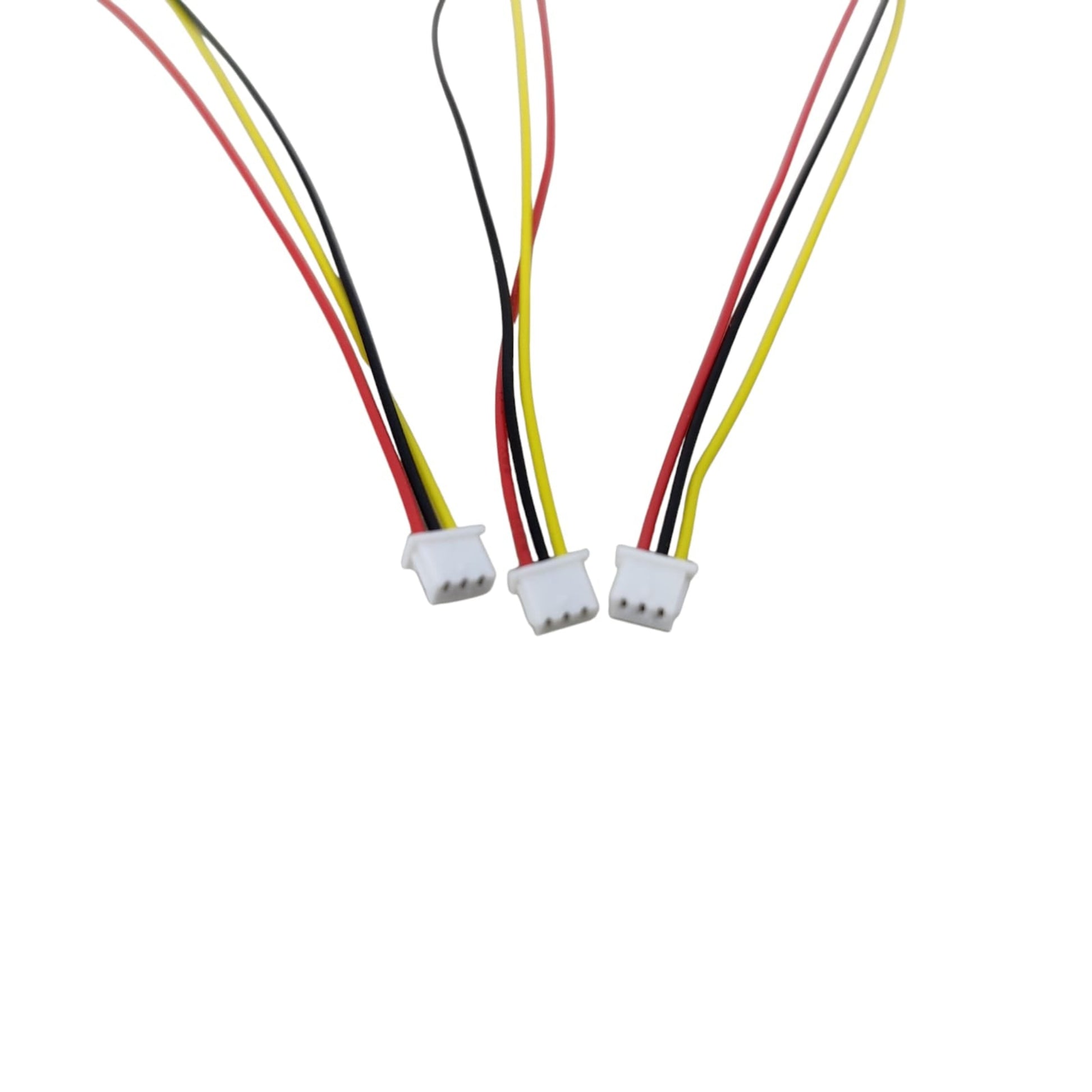 Close-up view of the white 1.25mm 3-pin micro connectors on three separate wires.