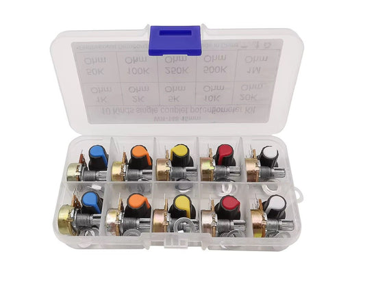 10pcs single couplet potentiometer kit in a transparent case showcasing various resistance values and knobs.