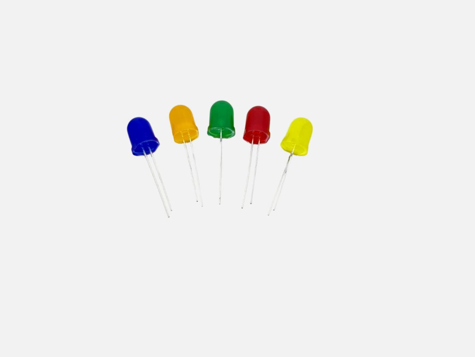 Five 10mm round LED diodes in blue, yellow, green, red, and orange for vibrant lighting in projects.