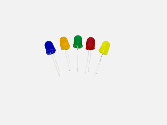 Five 10mm round LED diodes in blue, yellow, green, red, and orange for vibrant lighting in projects.