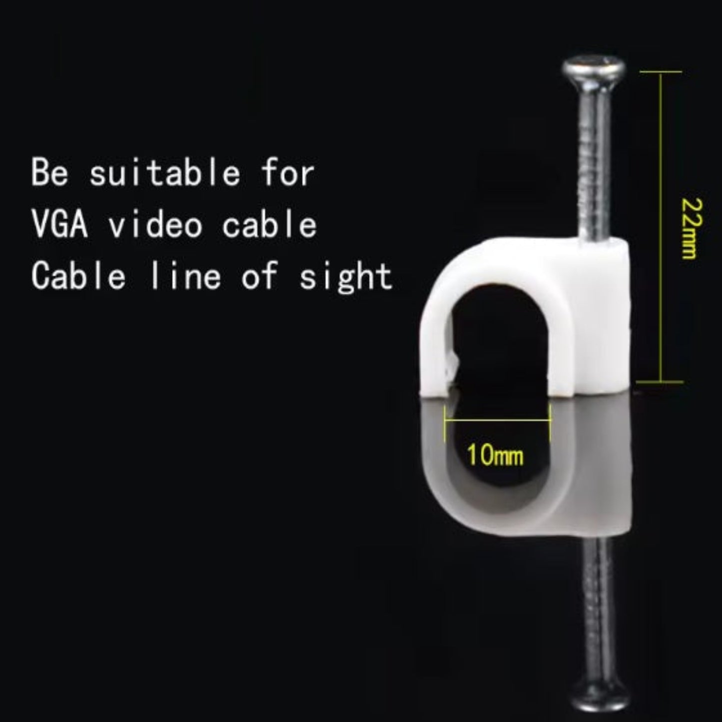 A 10mm round nail cable clip, showing its 22mm total height and suitability for VGA video cables.
