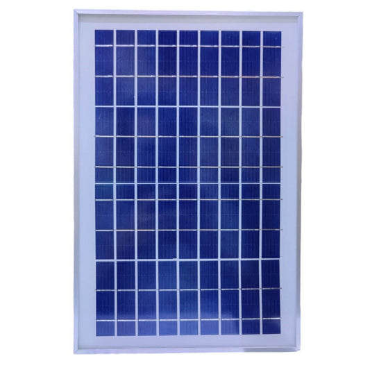Front view of 10W poly-crystalline solar panel showing blue cells