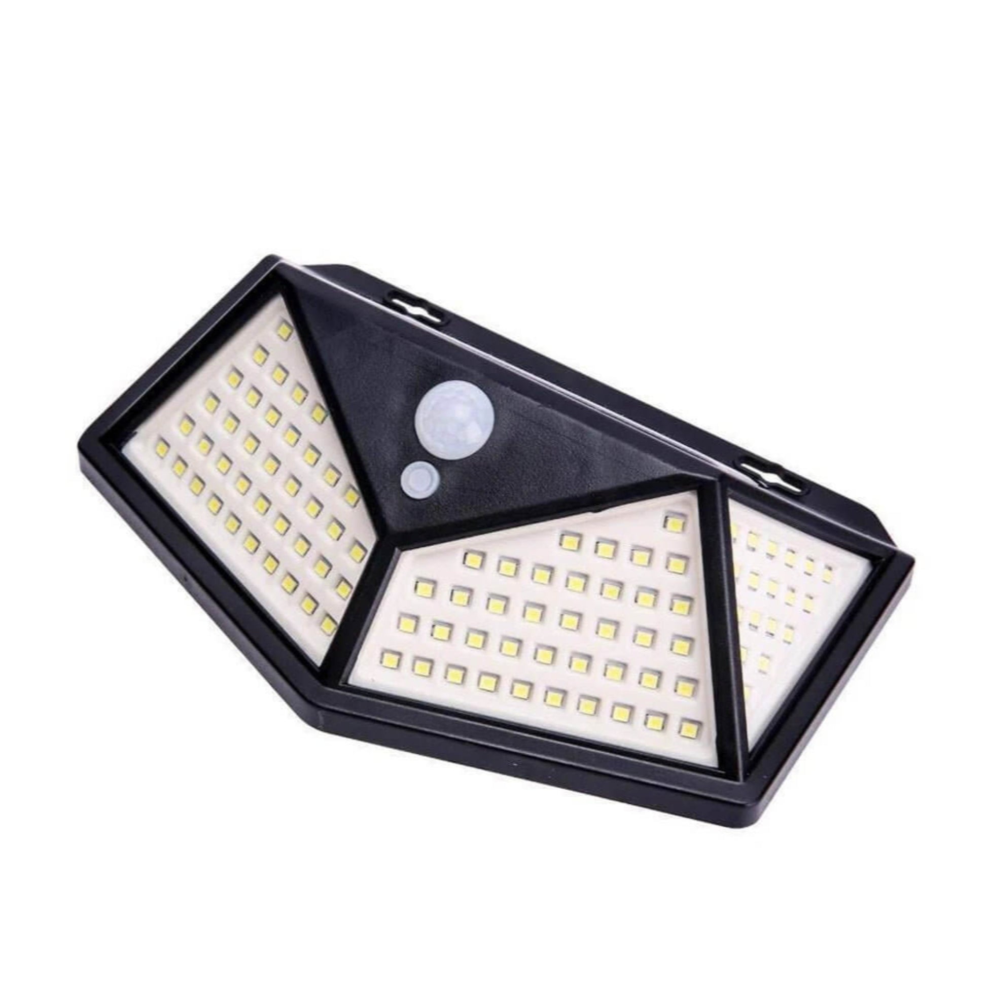 Front view of the 114 LED solar-powered motion sensor wall light.