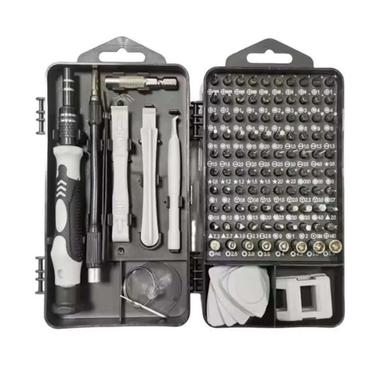115-in-1 Precision Screwdriver Set with various bits and tools for electronics repair in a compact storage case.