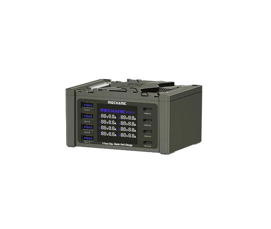 MECHANIC V-Power 8 Max Multi Port Fast Charger with 4 USB and 4 Type-C ports, digital display, high power output.