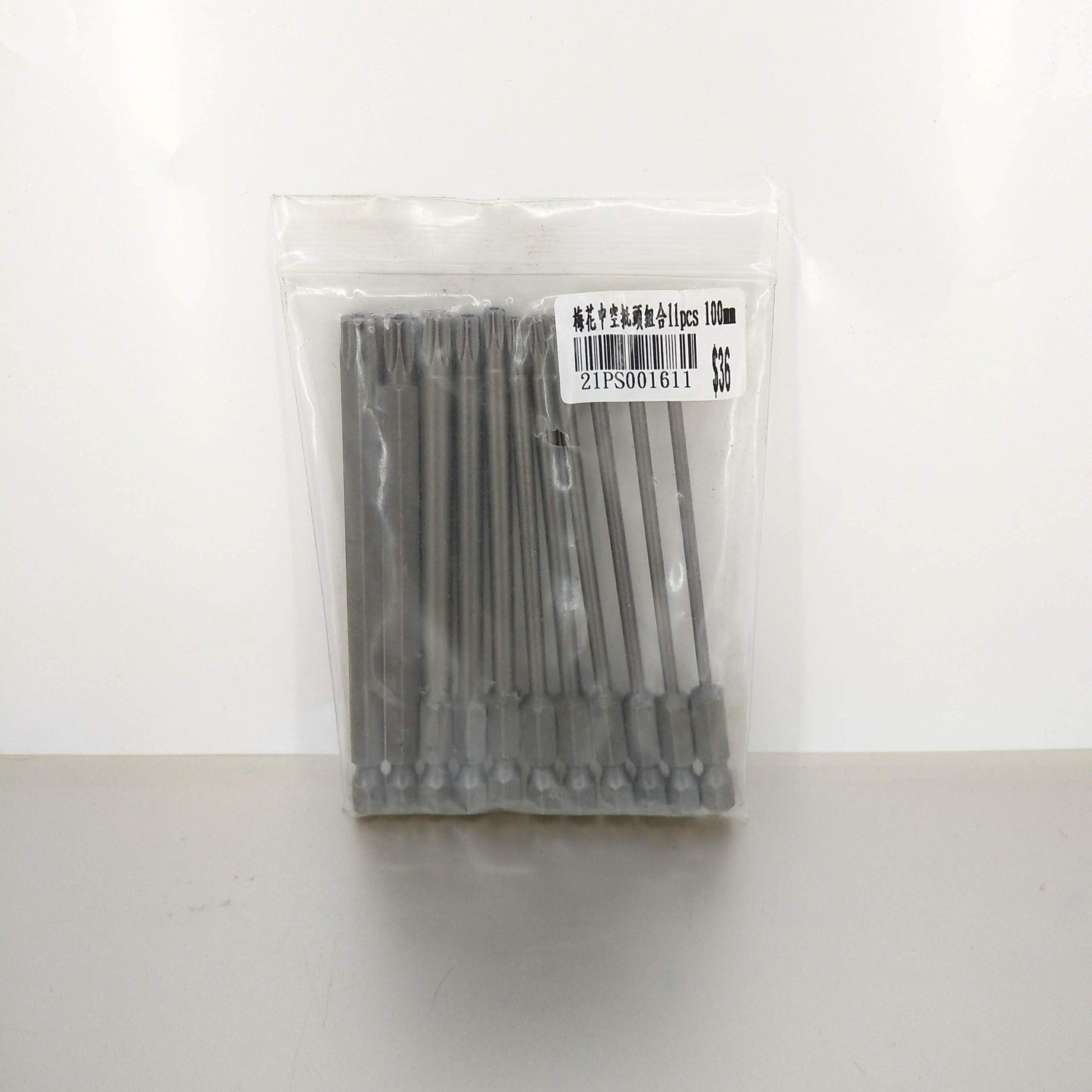 A set of 11 long security Torx screwdriver bits shown inside a clear plastic retail package.