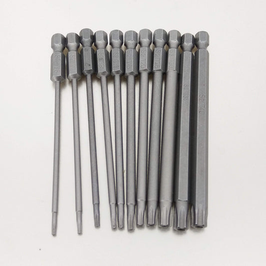 The full 11-piece set of 100mm magnetic S2 steel Torx screwdriver bits laid out in a row to show their full length.