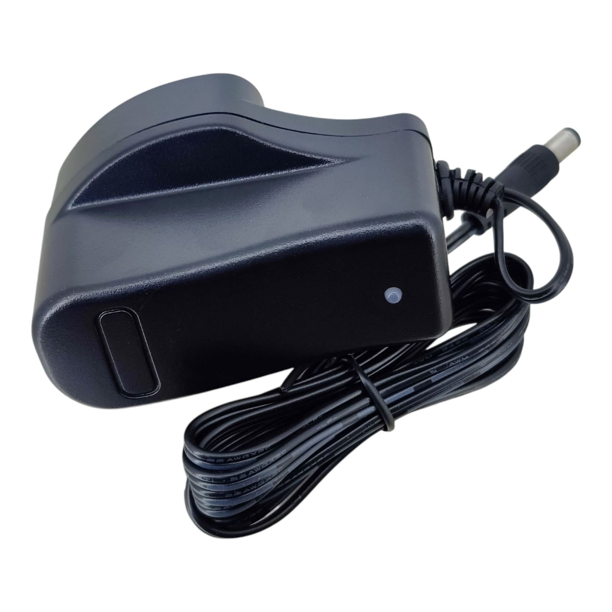 Black power adapter housing with LED indicator light