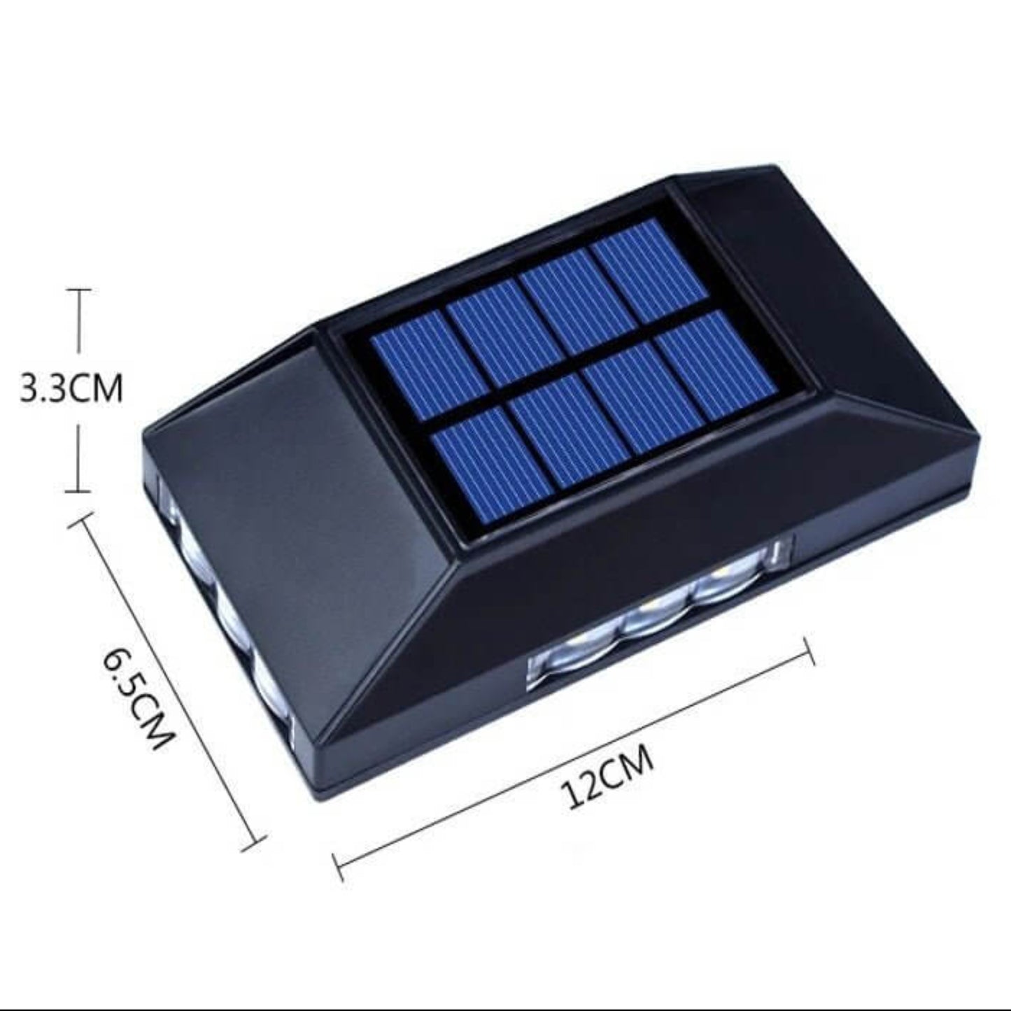 12 LED Solar Wall Light dimensions: 12cm length, 6.5cm width, 3.3cm height. Compact wireless design.