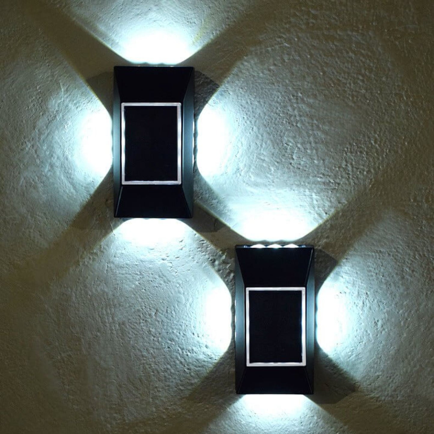 12 LED solar light night view: 4-way decorative beam (up, down, left, right) in bright white.