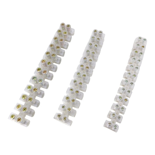 Three 12-position dual row screw terminal block strips in 5A, 10A, and 20A sizes.