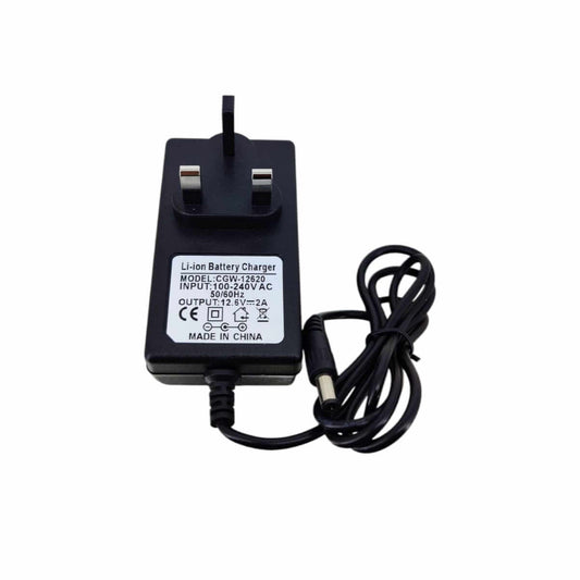 12.6V 2A Li-ion battery charger with UK plug and 5.5x2.1mm DC output for efficient charging of 3S batteries.