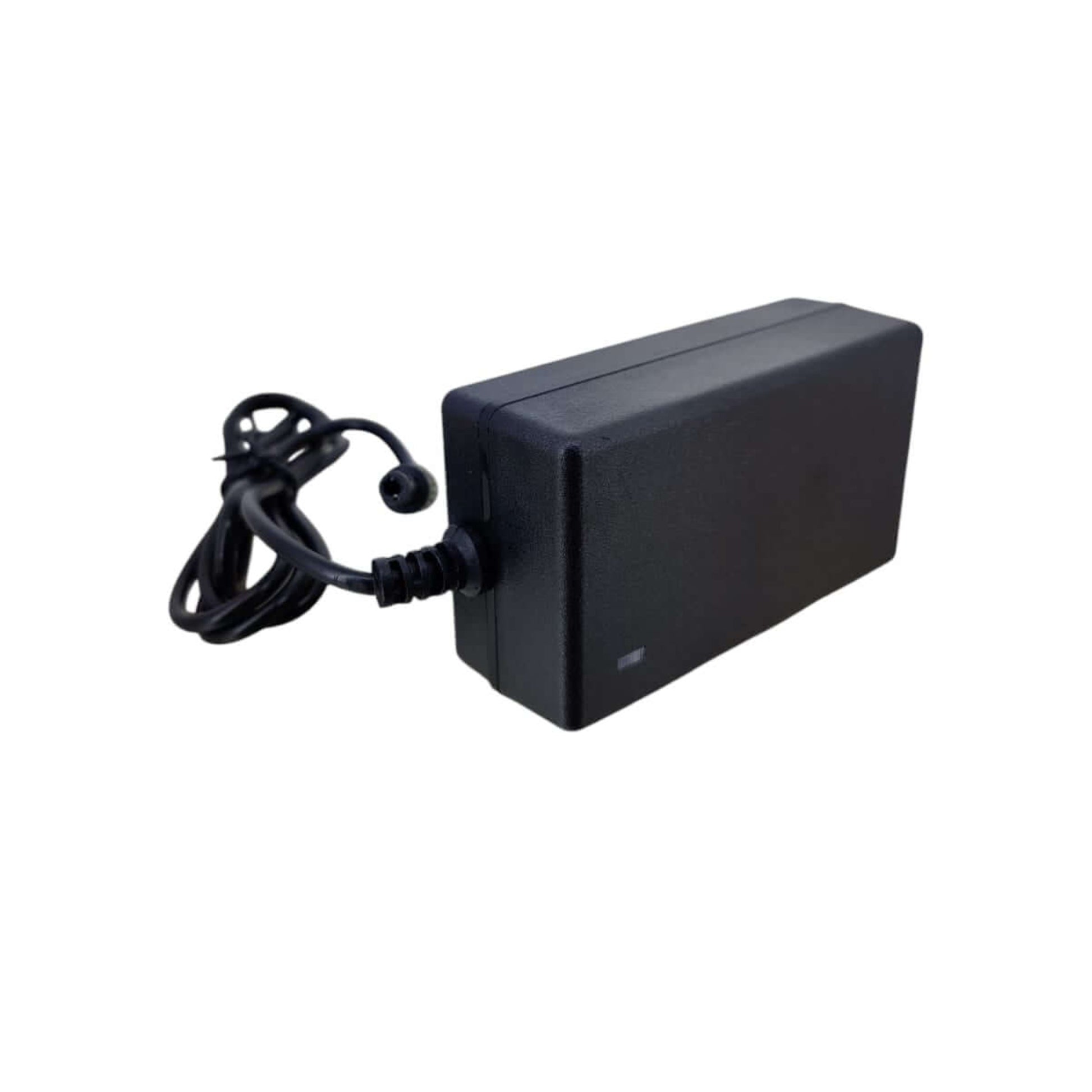 12.6V 2A Li-ion battery charger with UK plug and 5.5x2.1mm DC connector for efficient charging.