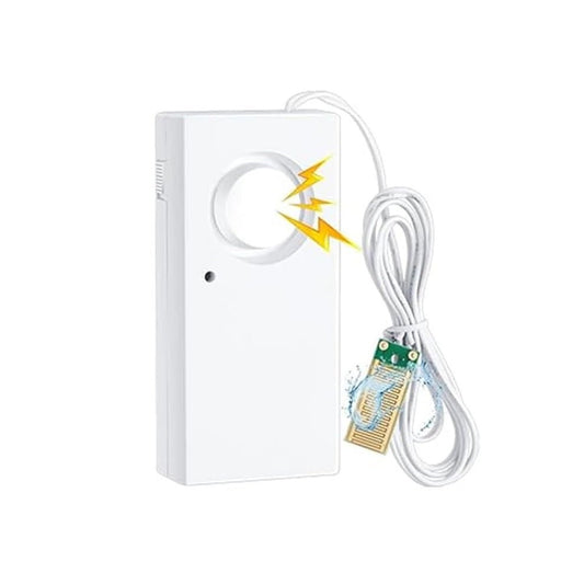 9V water leak alarm with sensor, 120dB sound alert, ideal for home use in basement, kitchen, or garage.