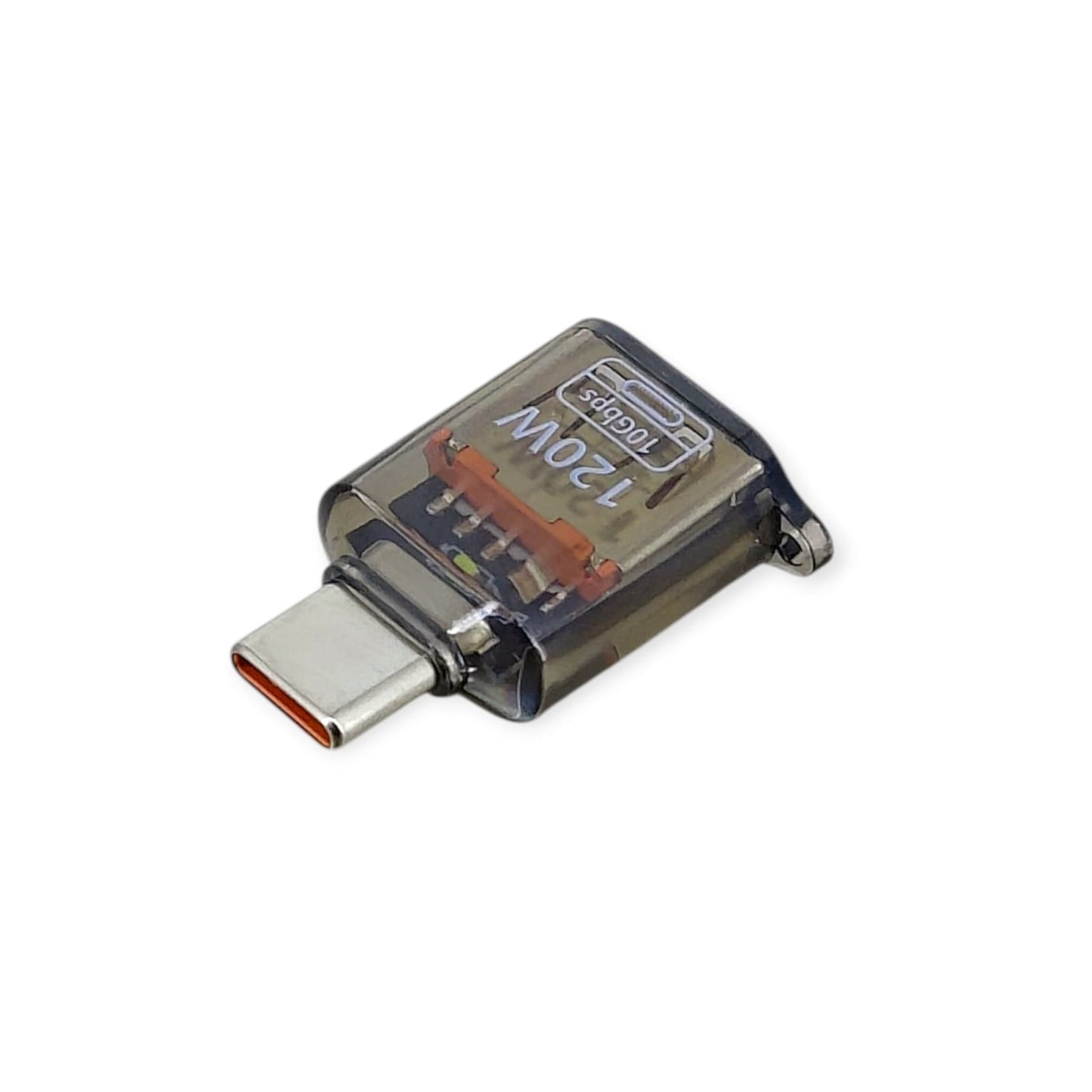 Angled view of the translucent 120W 10Gbps USB-C to USB-A adapter.