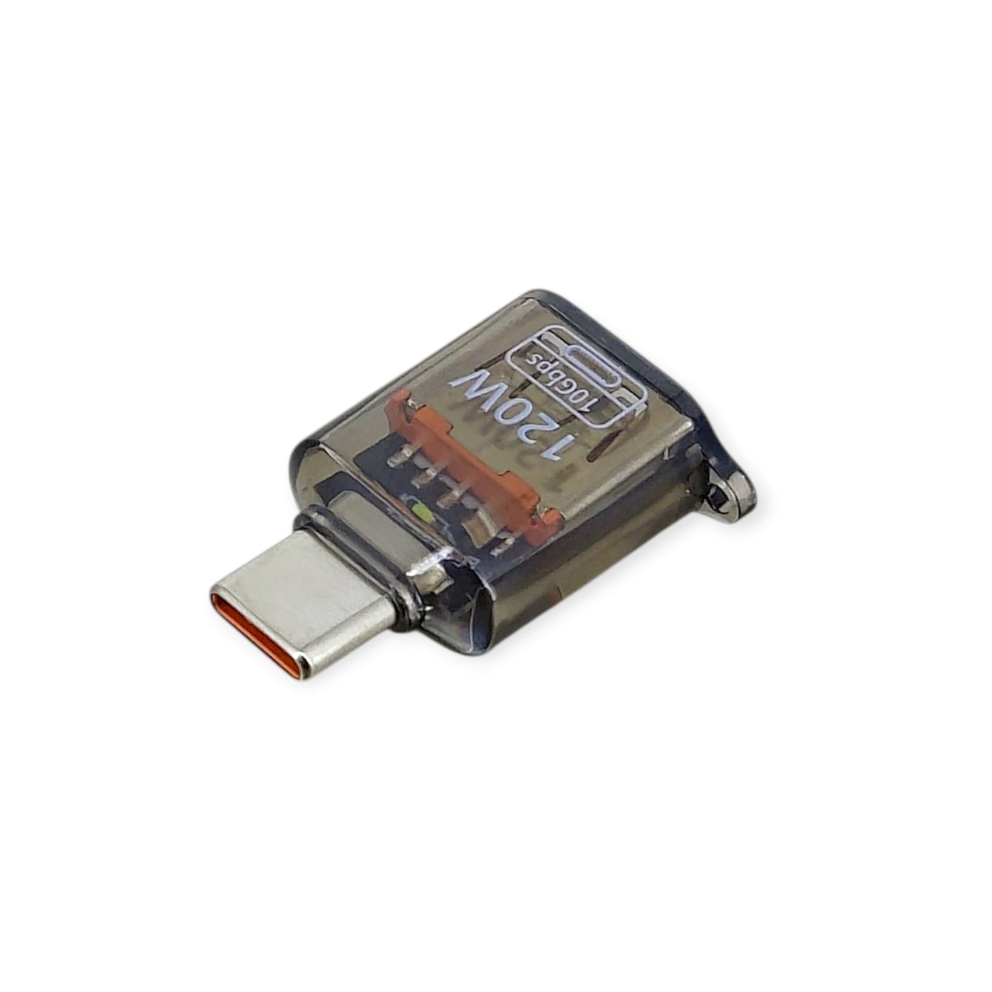 Angled view of the translucent 120W 10Gbps USB-C to USB-A adapter.
