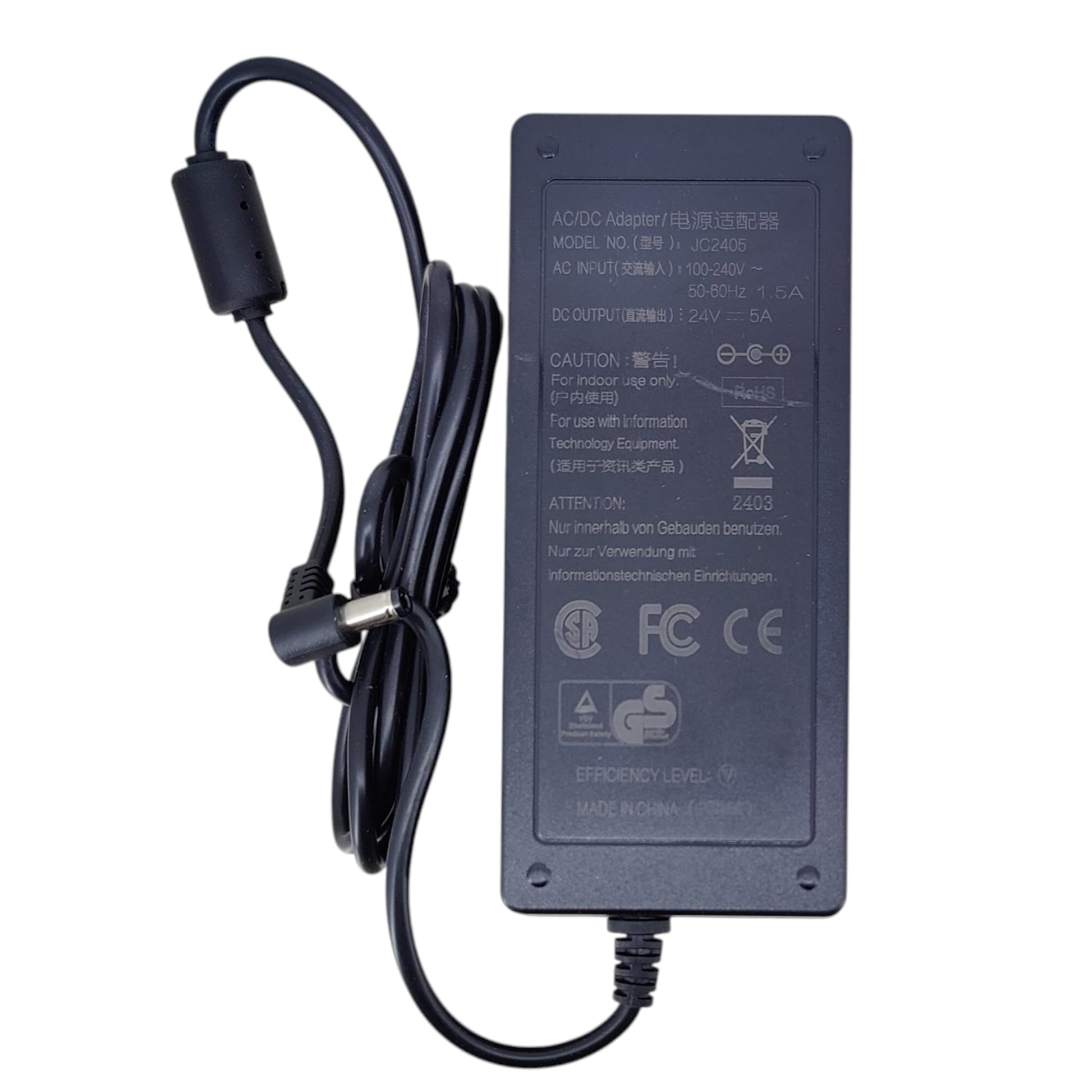 Close up of the specification label on the 24V 5A power brick showing FCC and CE safety certifications.