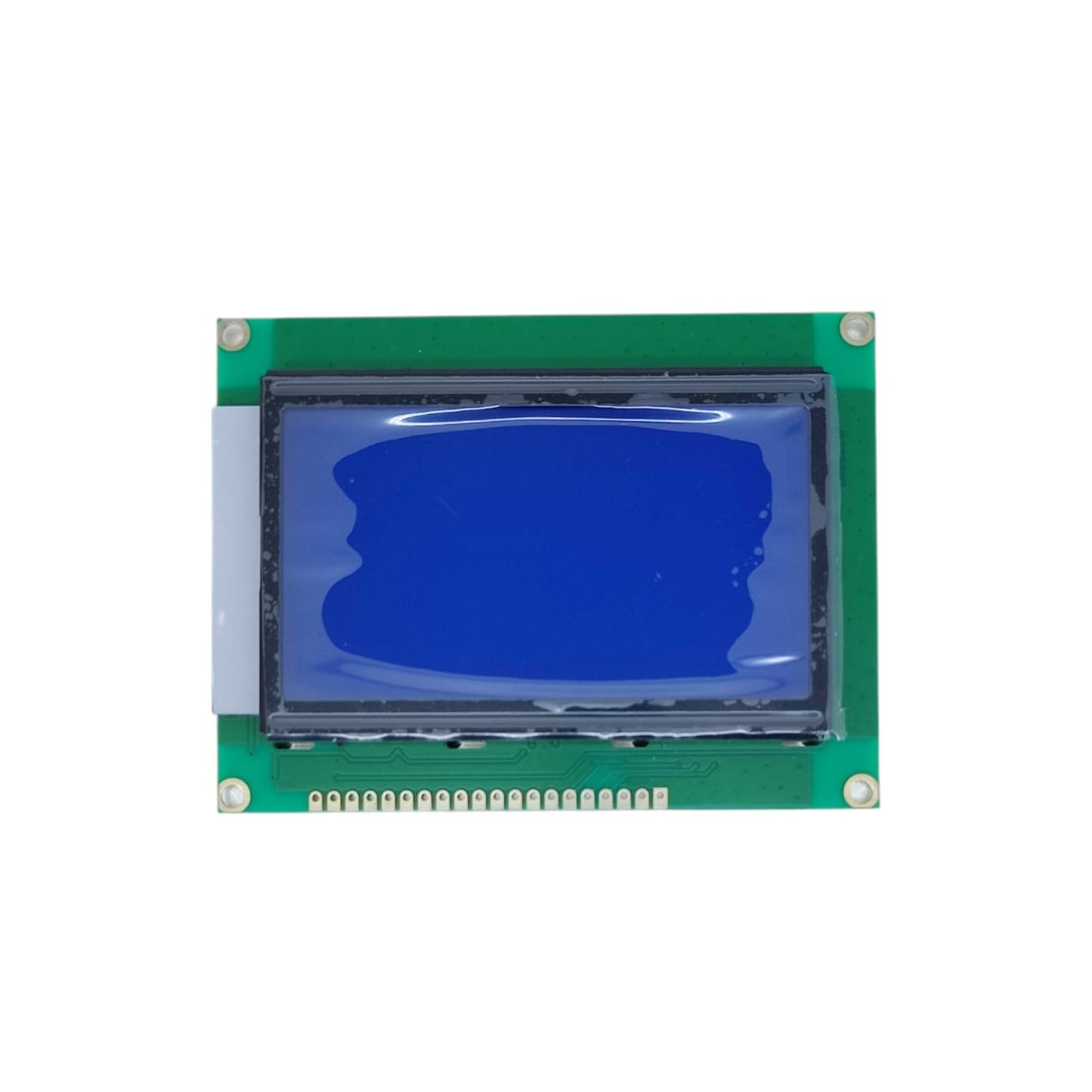 128x64 Graphic LCD module with blue backlight and white text front view.