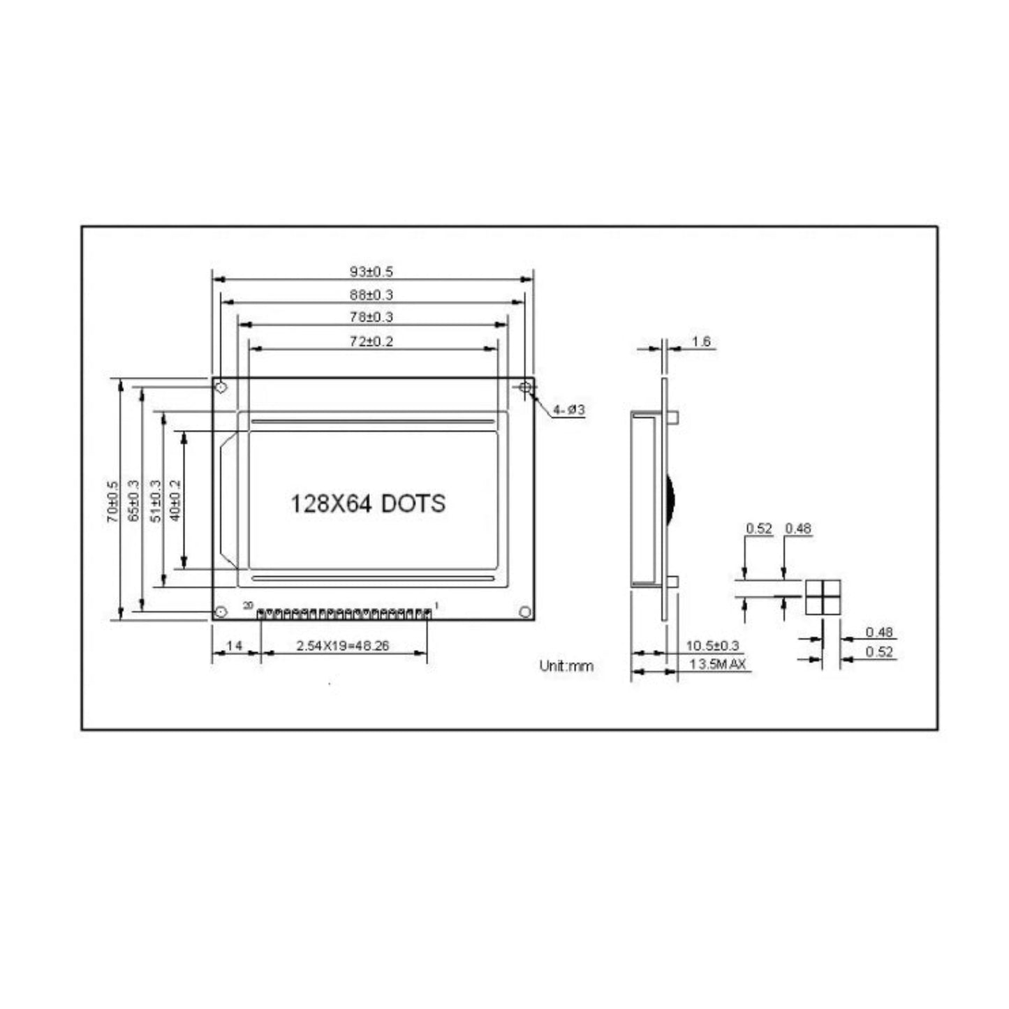 Technical dimensional drawing of 128x64 LCD module with mounting holes.
